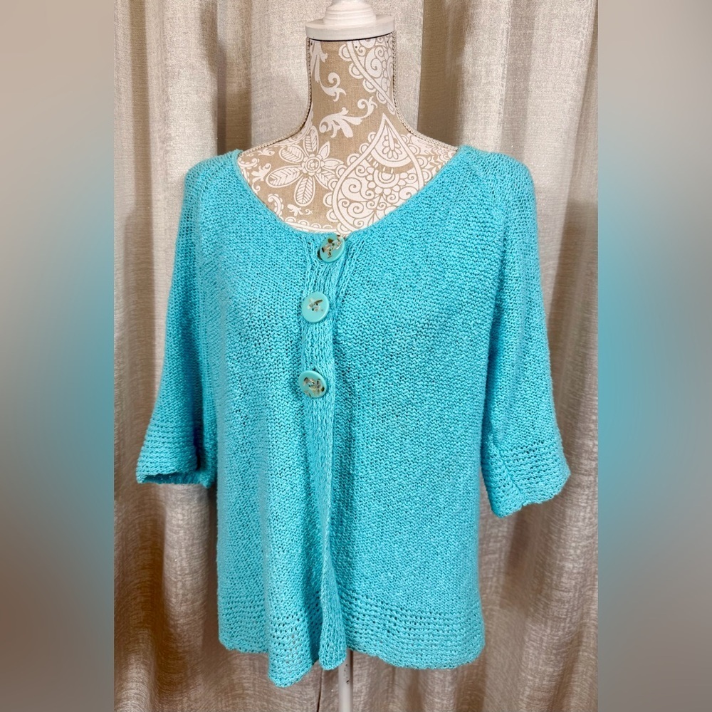 Lulu-B Turquoise Knit Cardigan Sweater Top Large 100%Cotton 3 Button Lightweight - Picture 3 of 5